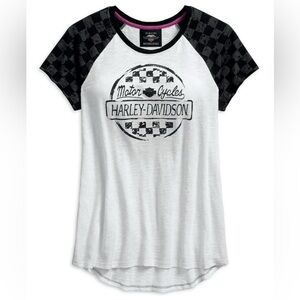 Harley-Davidson Women's Checkered Raglan Short Sleeve Tee, White Small